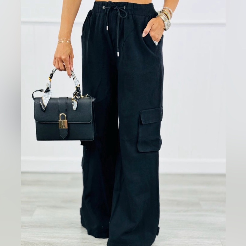 White Birch Black Wide Leg Cargo Pants